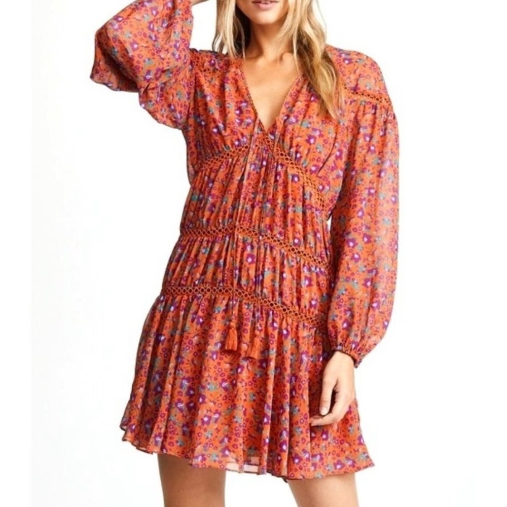 Rebecca Minkoff Caden Printed Floral Long Sleeve Tiered Ruffle Boho Dress Sz‎ L